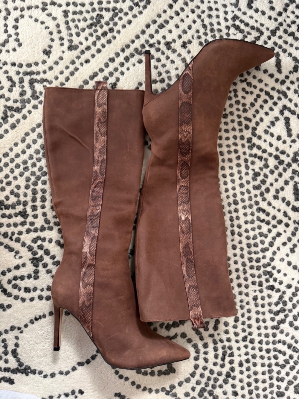 New York & Co. Brown Nubuck Knee-High Stiletto Boots w/ Snakeskin Trim, Size 9